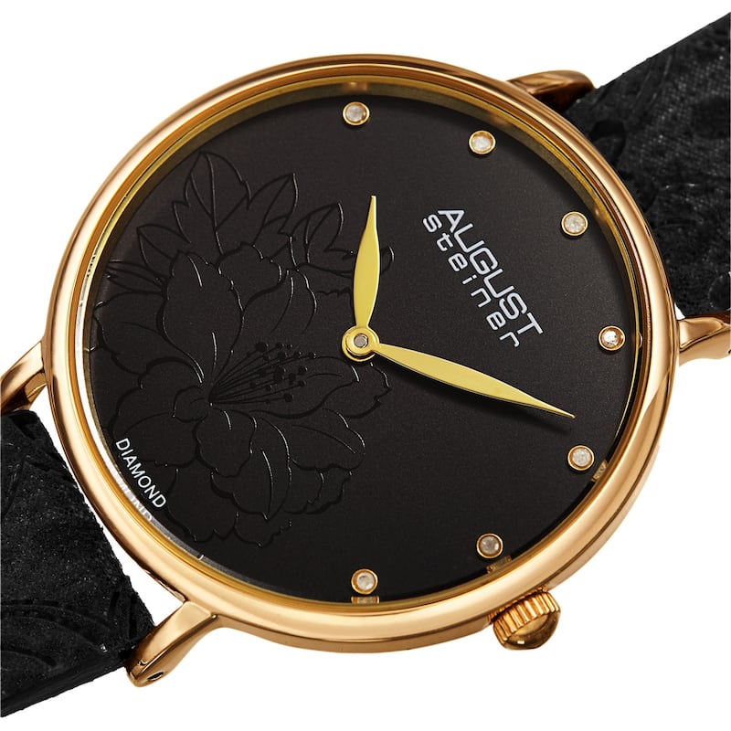 August Steiner Women's Diamond Hibiscus Leather Strap Watch