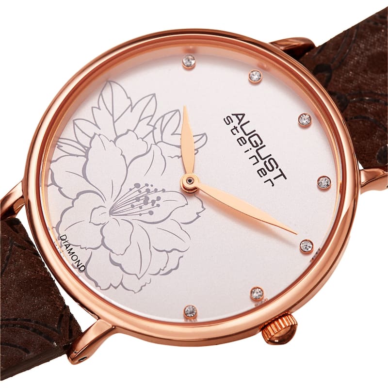 August Steiner Women's Diamond Hibiscus Leather Strap Watch