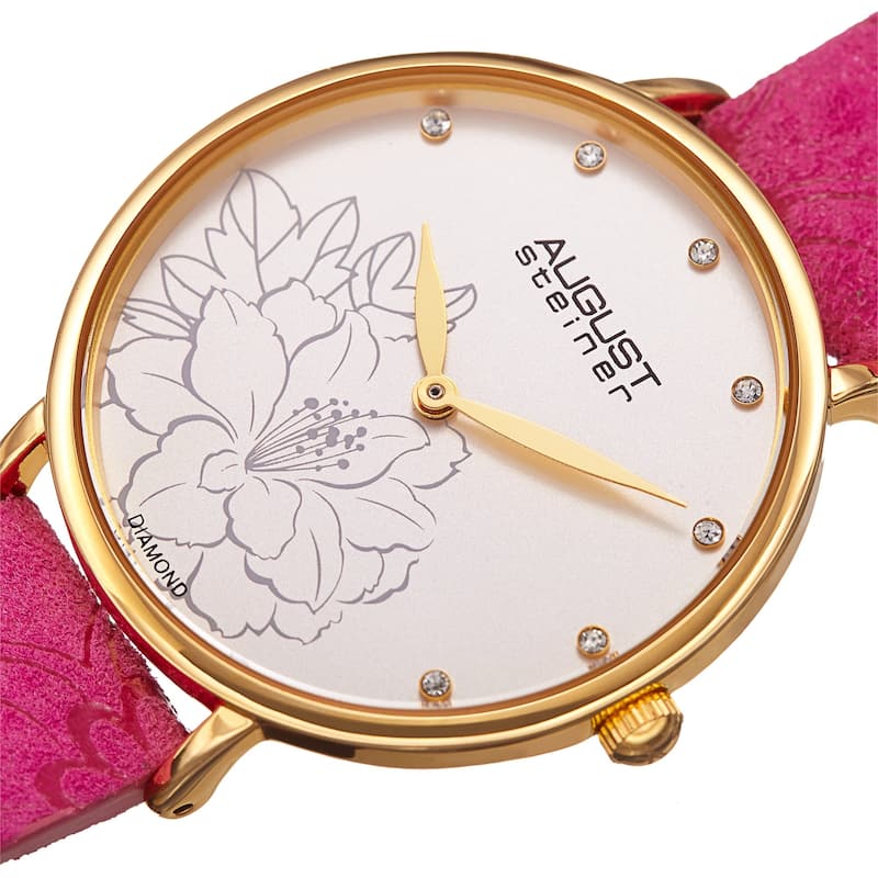 August Steiner Women's Diamond Hibiscus Leather Strap Watch