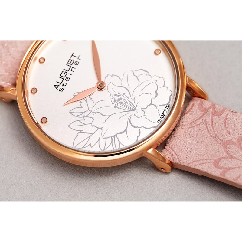 August Steiner Women's Diamond Hibiscus Leather Strap Watch