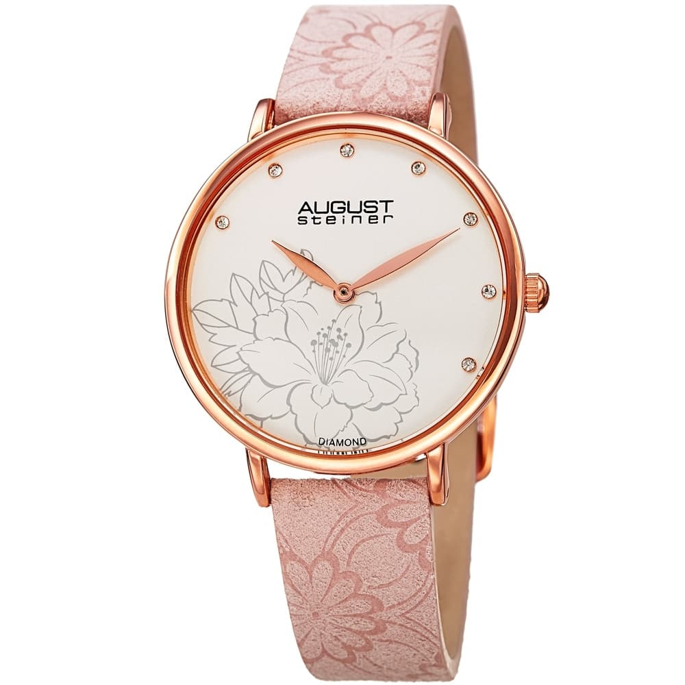 August Steiner Women's Diamond Hibiscus Leather Strap Watch
