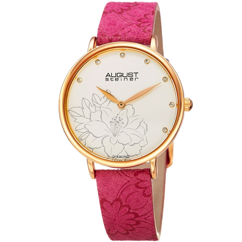 August Steiner Women's Diamond Hibiscus Leather Strap Watch - Hot Pink