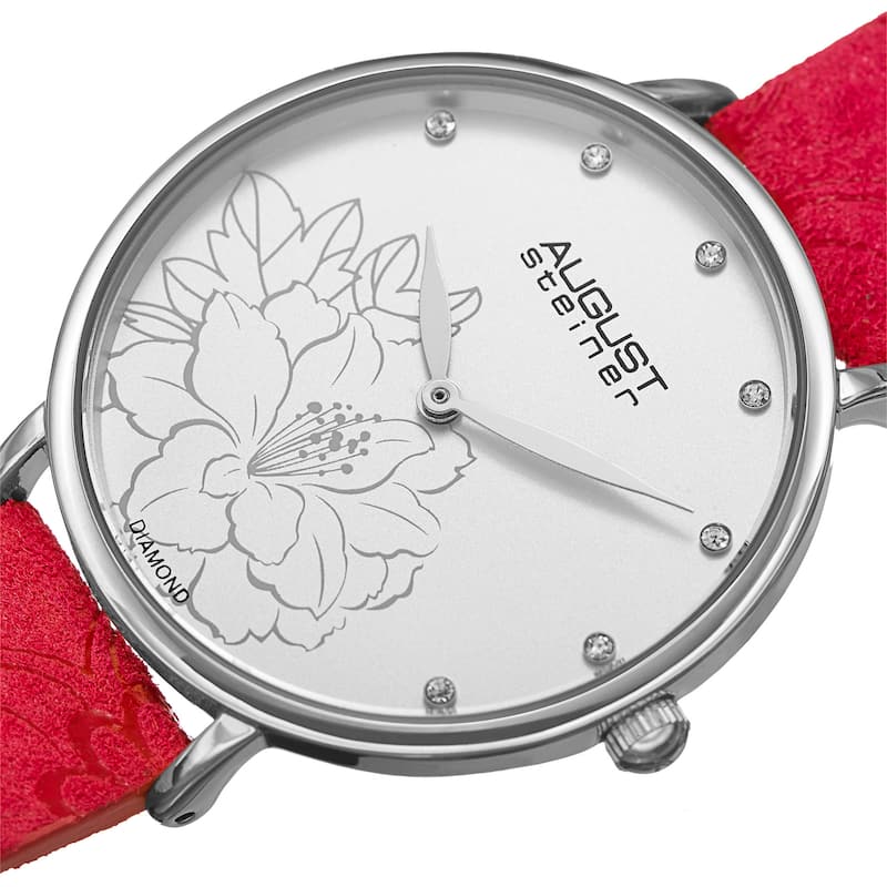 August Steiner Women's Diamond Hibiscus Silver-Tone/Red Leather Strap Watch