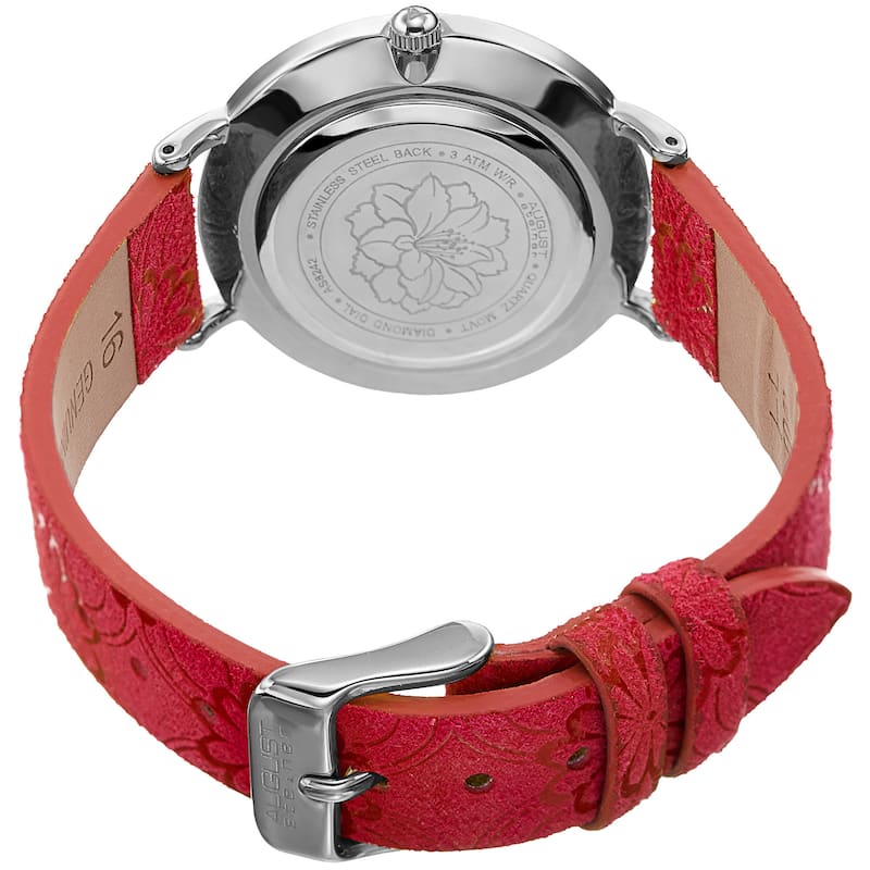 August Steiner Women's Diamond Hibiscus Silver-Tone/Red Leather Strap Watch