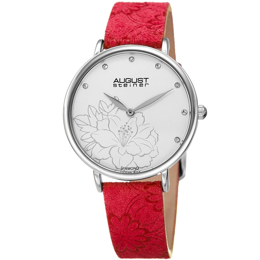 August Steiner Women's Diamond Hibiscus Silver-Tone/Red Leather Strap Watch
