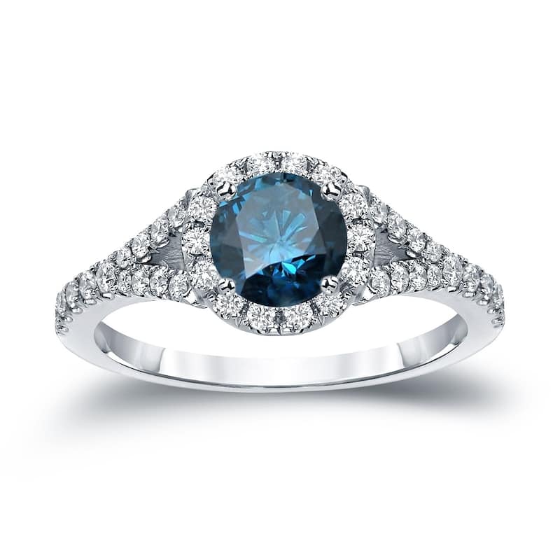 Auriya 1 1/2ctw Round Halo Blue Diamond Engagement Ring 14k Gold (H-I, SI1-SI2) - 4 - White