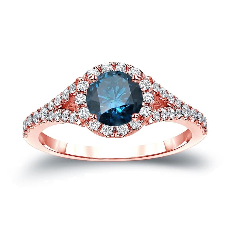 Auriya 1 1/2ctw Round Halo Blue Diamond Engagement Ring 14k Gold (H-I, SI1-SI2) - 4 - Rose