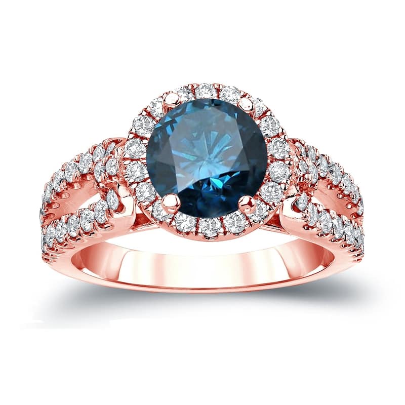 Auriya 1 1/2ctw Round Halo Blue Diamond Engagement Ring 14k Gold - 4 - Rose