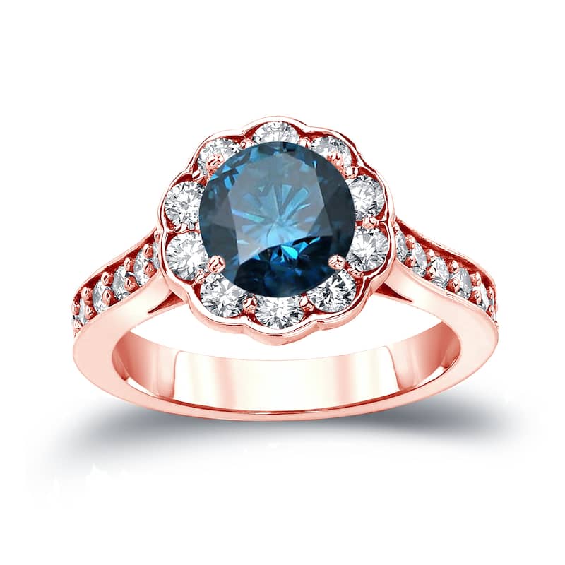 14k Gold Round 1 3/4ct TDW Blue Diamond Halo Engagement Ring by Auriya (H-I, SI2-SI3)