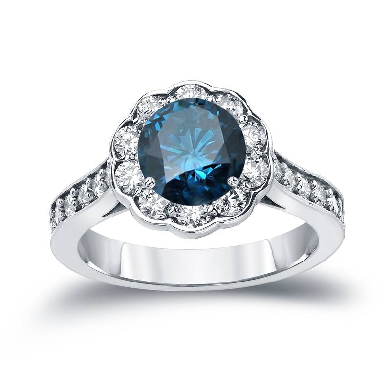 14k Gold Round 1 3/4ct TDW Blue Diamond Halo Engagement Ring by Auriya (H-I, SI2-SI3)