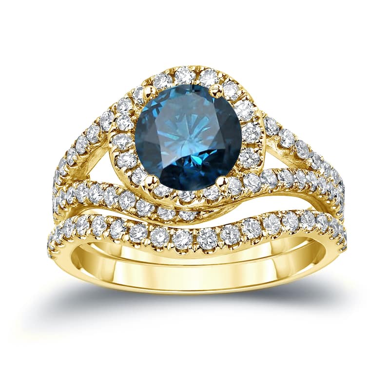 Auriya Round 1 7/8ctw Blue Halo Diamond Engagement Ring Set 14k Gold