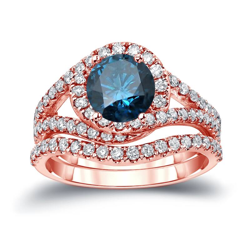 Auriya Round 1 7/8ctw Blue Halo Diamond Engagement Ring Set 14k Gold