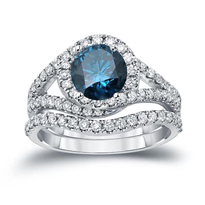 Auriya Round 1 7/8ctw Blue Halo Diamond Engagement Ring Set 14k Gold