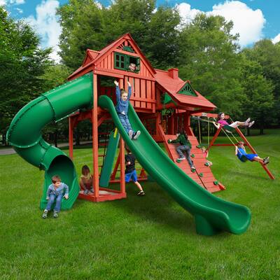 Gorilla Playsets Sun Palace Deluxe Wood Swing Set with Tire Swing, Punching Bag, and 2 Play Decks