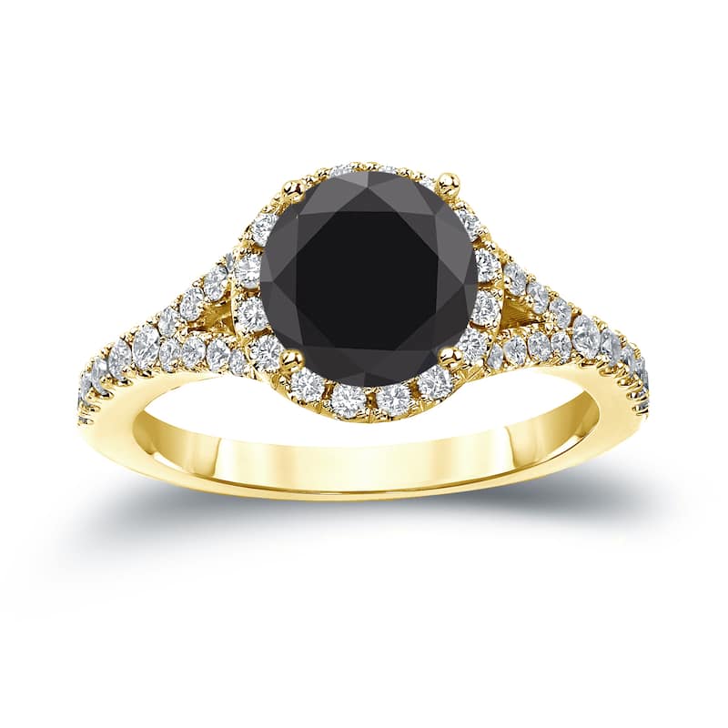 14k Gold Round 2ct TDW Black Diamond with Halo Engagement Ring by Auriya
