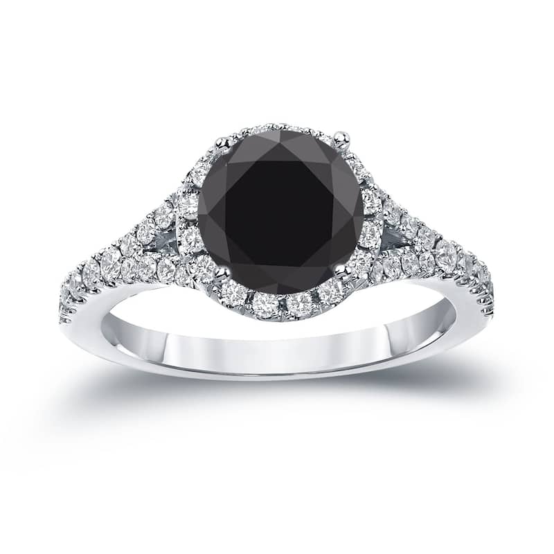 14k Gold Round 2ct TDW Black Diamond with Halo Engagement Ring by Auriya