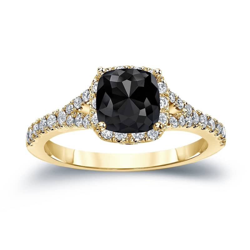 Auriya 14k Gold 1 1/2ctw Cushion-cut Black Diamond Halo Engagement Ring