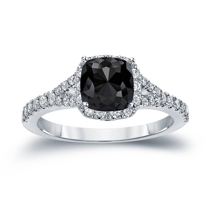 Auriya 14k Gold 1 1/2ctw Cushion-cut Black Diamond Halo Engagement Ring - White - 4