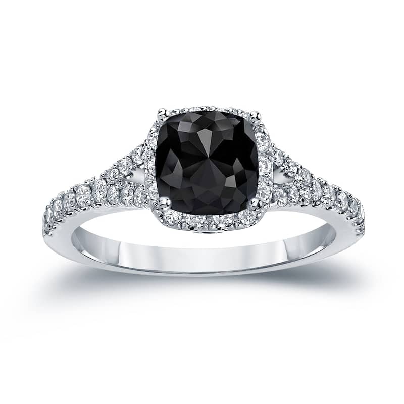 Auriya 14k Gold 1 1/2ctw Cushion-cut Black Diamond Halo Engagement Ring