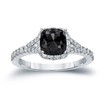 Auriya 14k Gold 1 1/2ctw Cushion-cut Black Diamond Halo Engagement Ring