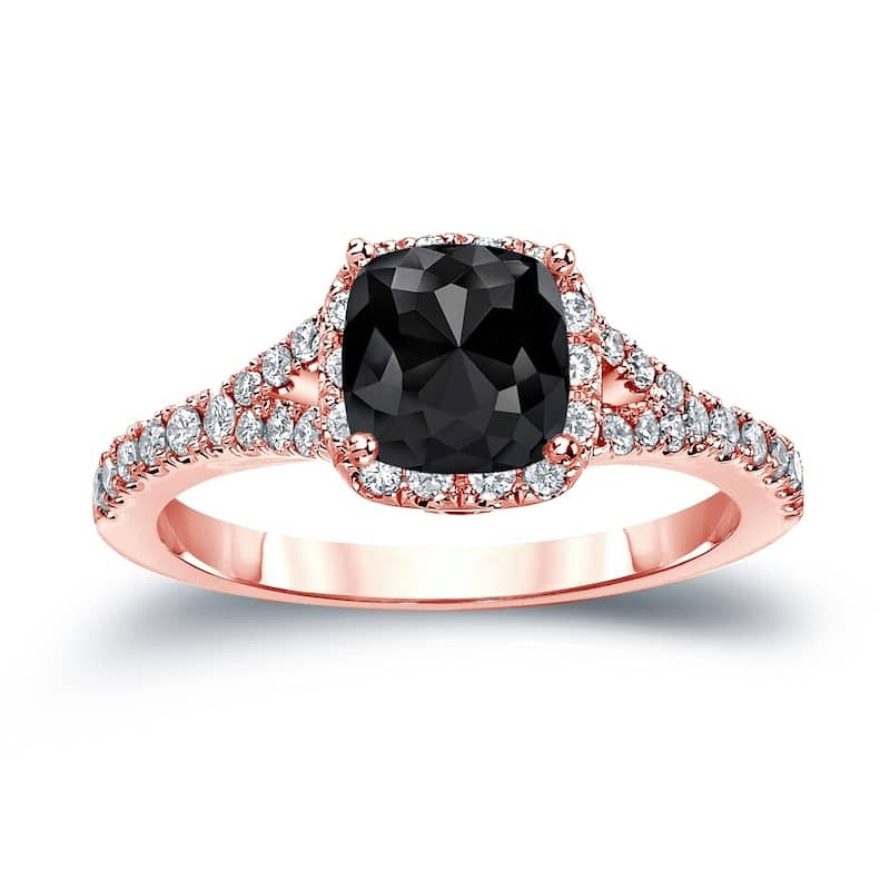 Auriya 14k Gold 1 1/2ctw Cushion-cut Black Diamond Halo Engagement Ring