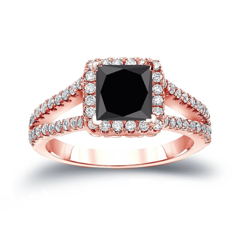 Auriya 14k Gold 1 1/4ctw Princess-cut Halo Black Diamond Engagement Ring H-I, SI2-SI3 - 4 - Rose