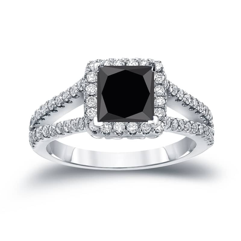 Auriya 14k Gold 1 1/4ctw Princess-cut Halo Black Diamond Engagement Ring H-I, SI2-SI3 - 4 - White