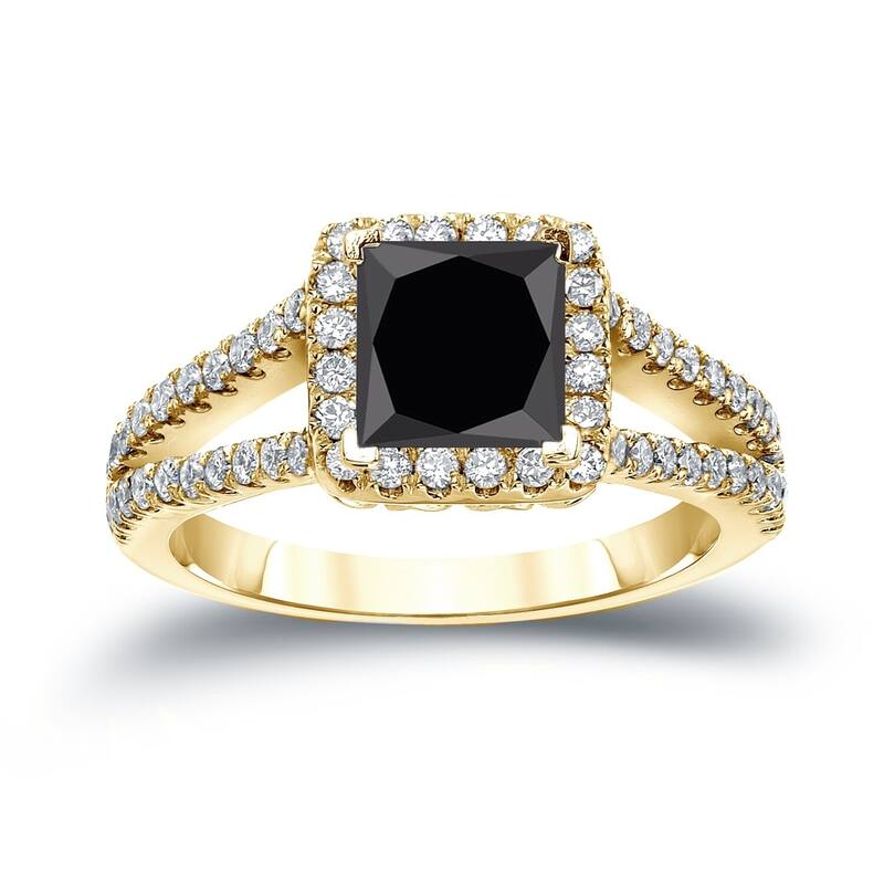 Auriya 14k Gold 1 1/4ctw Princess-cut Halo Black Diamond Engagement Ring H-I, SI2-SI3 - 4 - Yellow