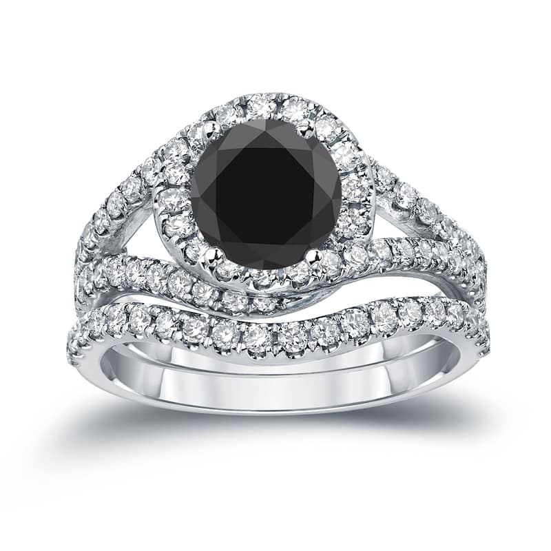 Auriya 14k Gold 1 7/8ctw Halo Black Diamond Engagement Ring Set