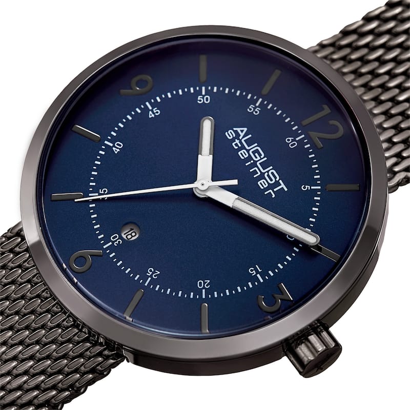 August Steiner Men's Classic Date Stainless Steel Mesh Blue/Gun Bracelet Watch