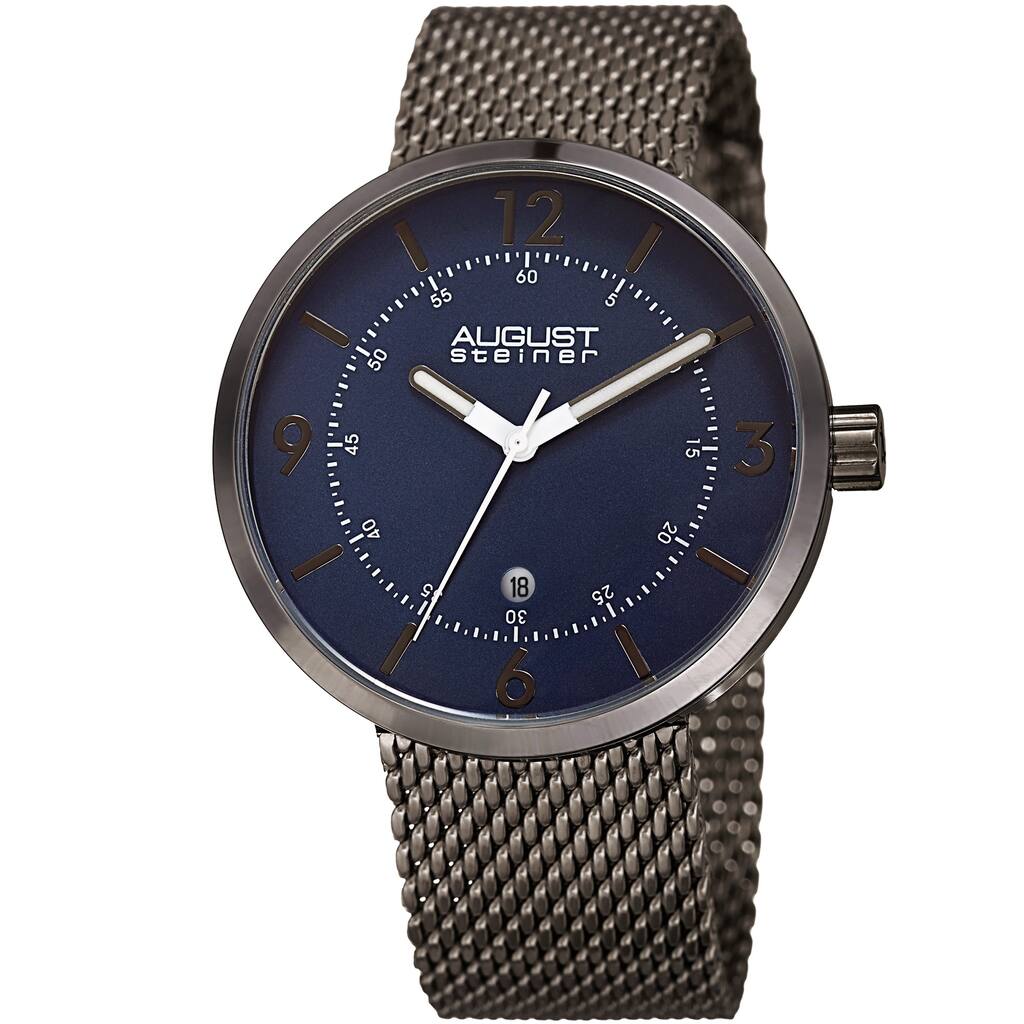 August Steiner Men's Classic Date Stainless Steel Mesh Blue/Gun Bracelet Watch