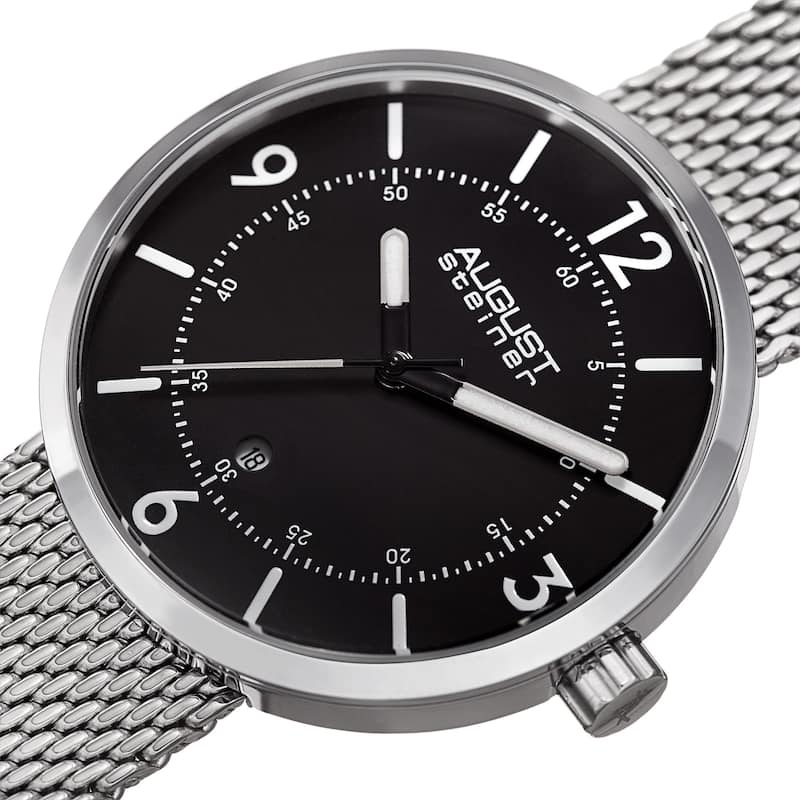 August Steiner Men's Classic Date Stainless Steel Mesh Silver-Tone/Black Bracelet Watch