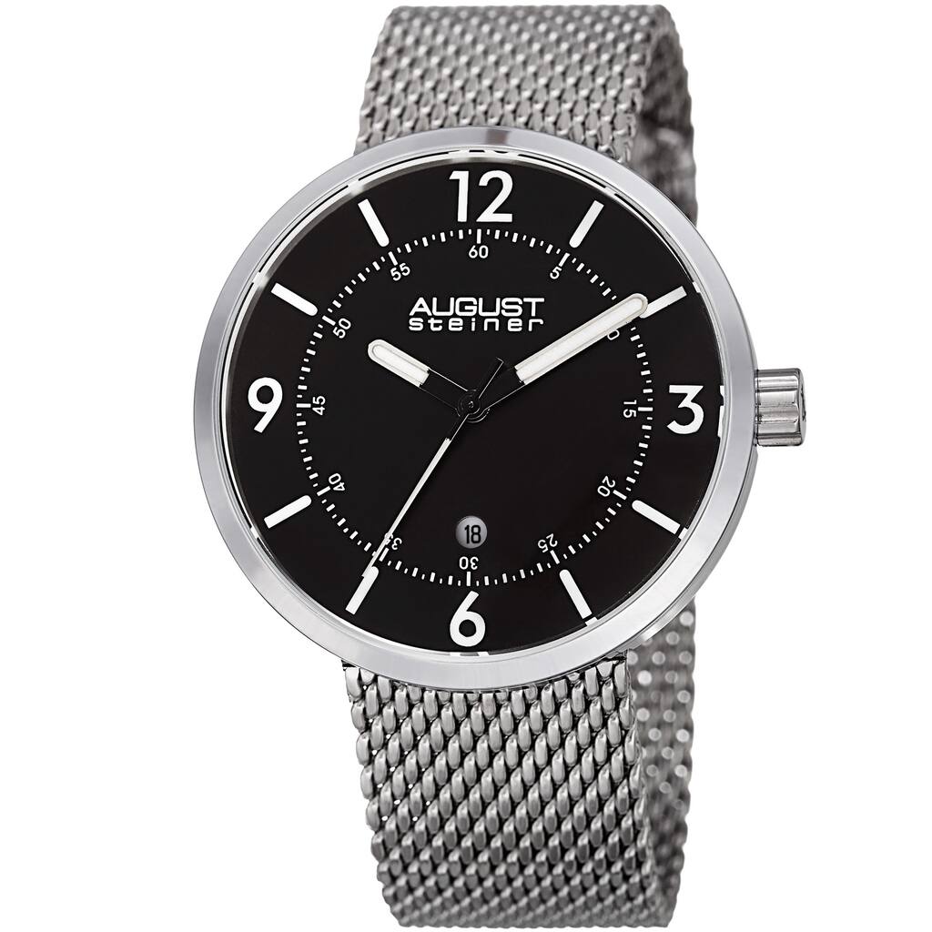 August Steiner Men's Classic Date Stainless Steel Mesh Silver-Tone/Black Bracelet Watch