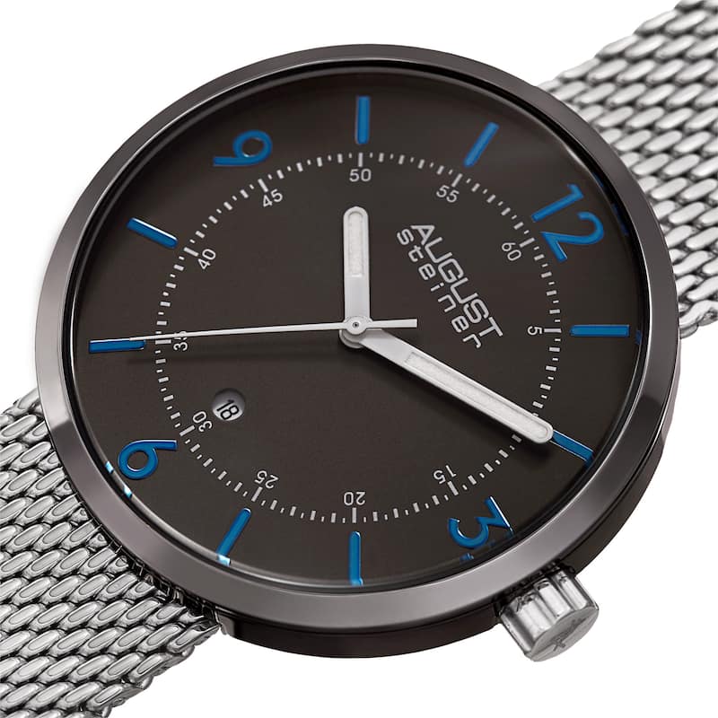 August Steiner Men's Classic Date Stainless Steel Mesh Silver-Tone/Gun Bracelet Watch