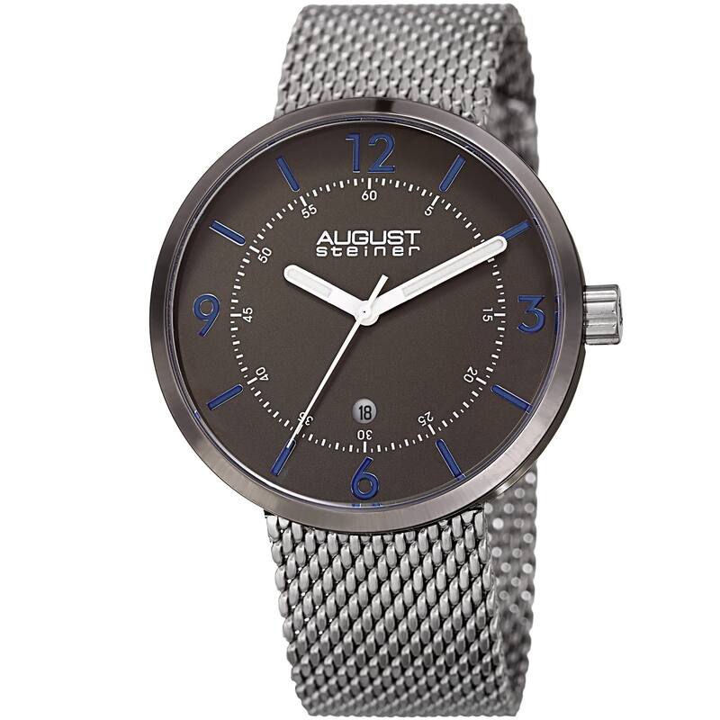 August Steiner Men's Classic Date Stainless Steel Mesh Silver-Tone/Gun Bracelet Watch