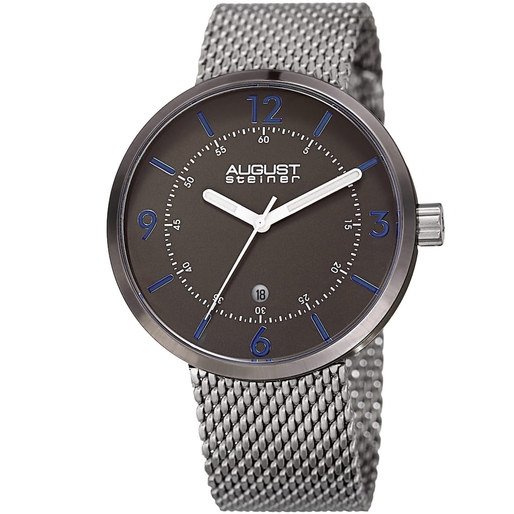 August Steiner Men's Classic Date Stainless Steel Mesh Silver-Tone/Gun Bracelet Watch