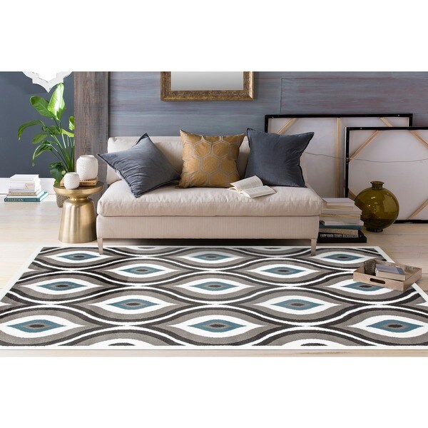 Modern Trellis Design Grey/Blue Polypropylene Area Rug (7'10 x 10'2) - 7'10" x 10'2"