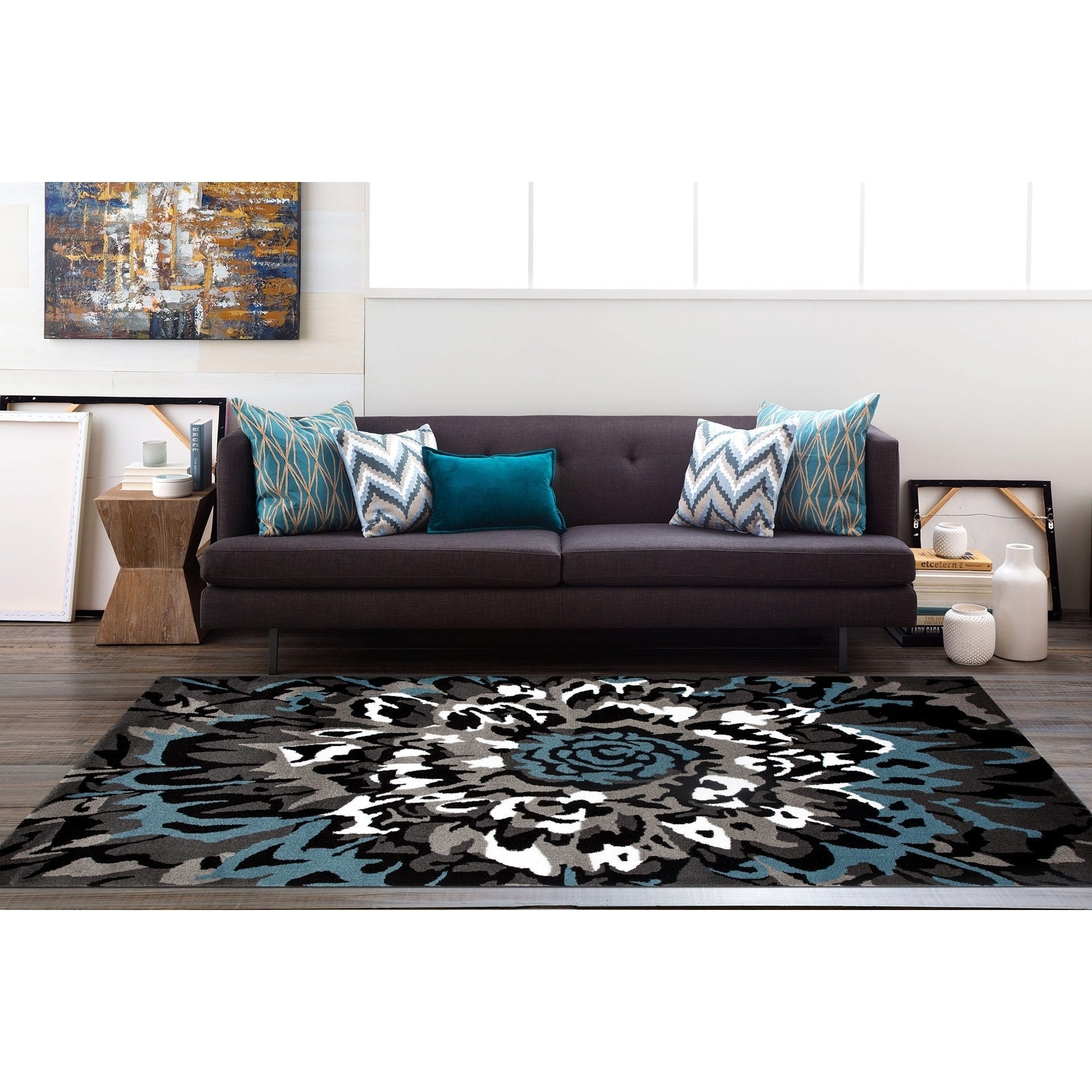 Modern Large Fl Pattern Blue Grey Polypropylene Area Rug Modern Large Fl Pattern Blue Grey