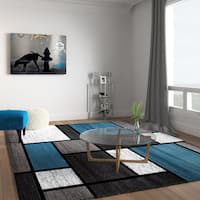 Contemporary Modern Boxes Blue/Grey Area Rug (7'10 x 10'2) - 7'10" x 10'2"