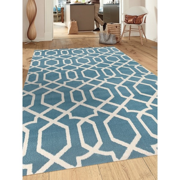 Contemporary Trellis Design Blue Polypropylene Indoor Area Rug (9' x 12') - 9' x 12'