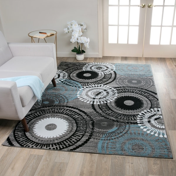Contemporary Circles Grey/Blue Polypropylene Area Rug (5'3 x 7'3) - 5'3" x 7'3"