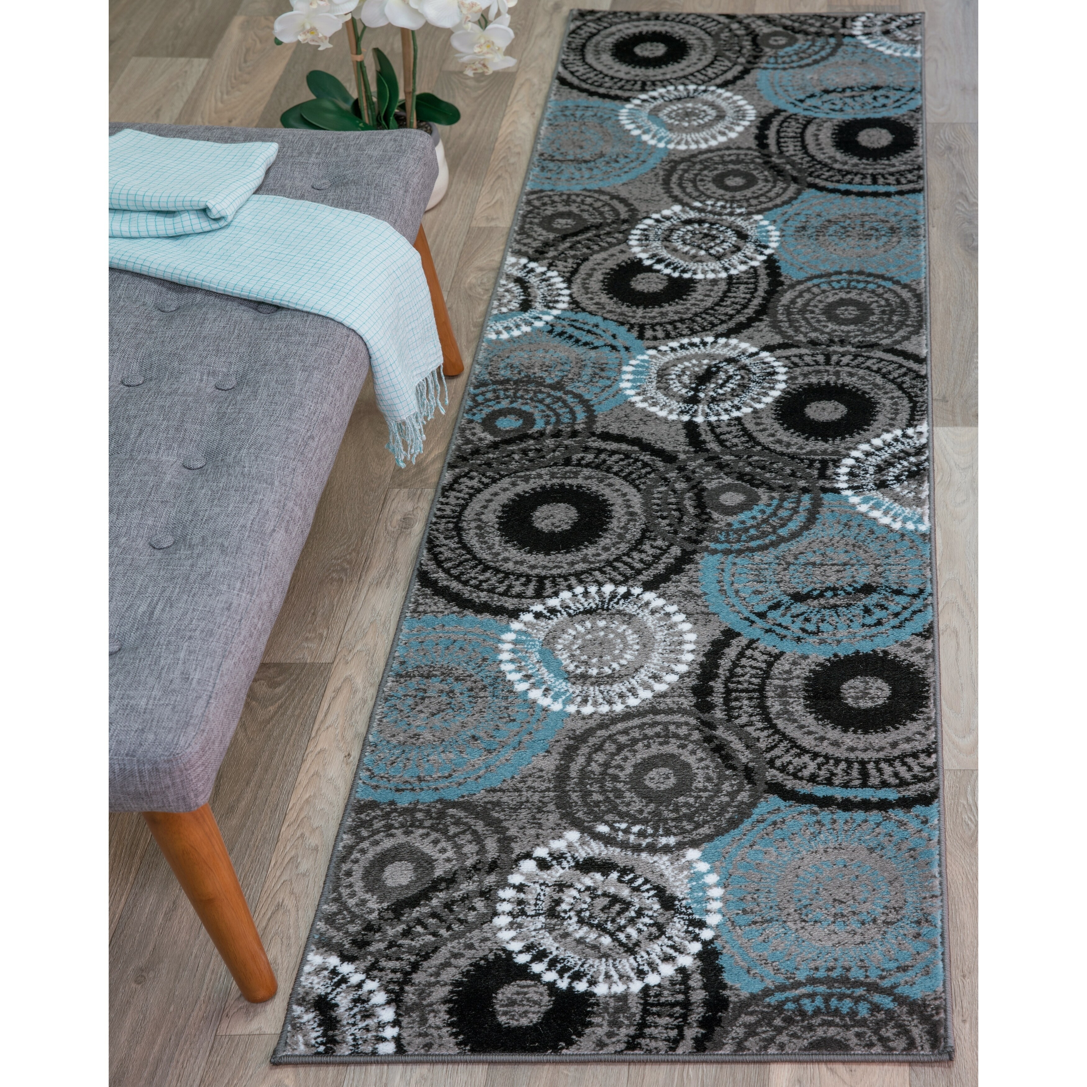Contemporary Circles Grey Blue Area Rug Runner 2 X 7