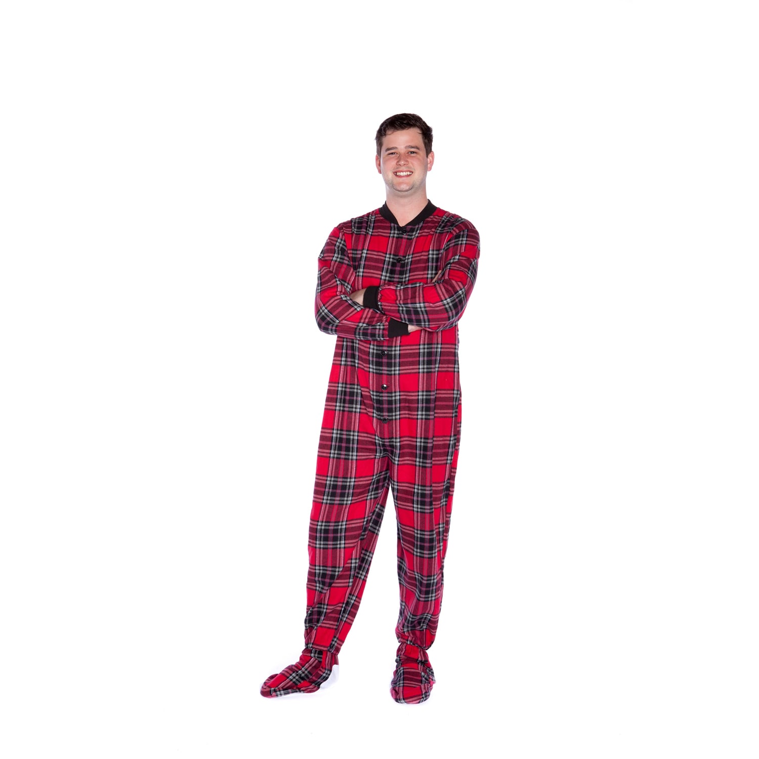 Plaid Mens Drop Seat Pajamas Big Feet Pajamas Men's Red And Black