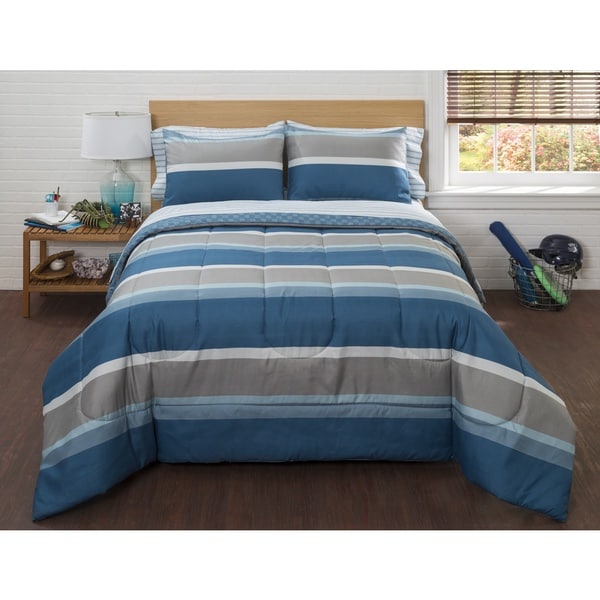 American Original Blue Liam Stripe 7-piece Bed in a Bag with Sheet Set