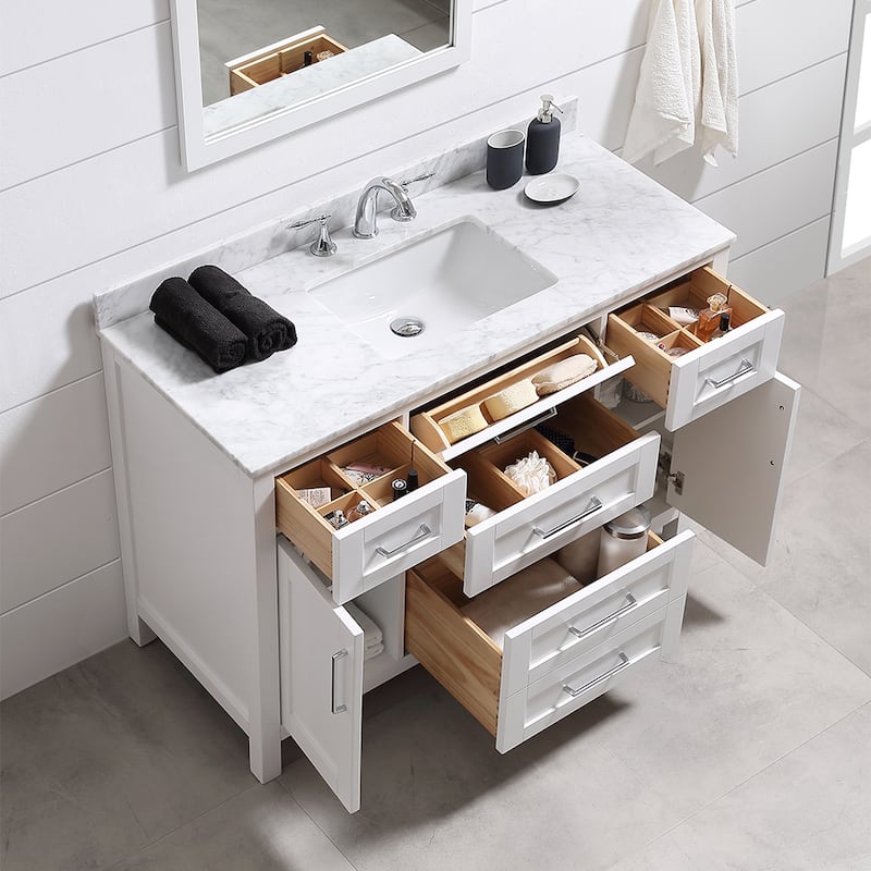 Tahoe 48in Vanity in White with White Carrera Marble Top and Mirror