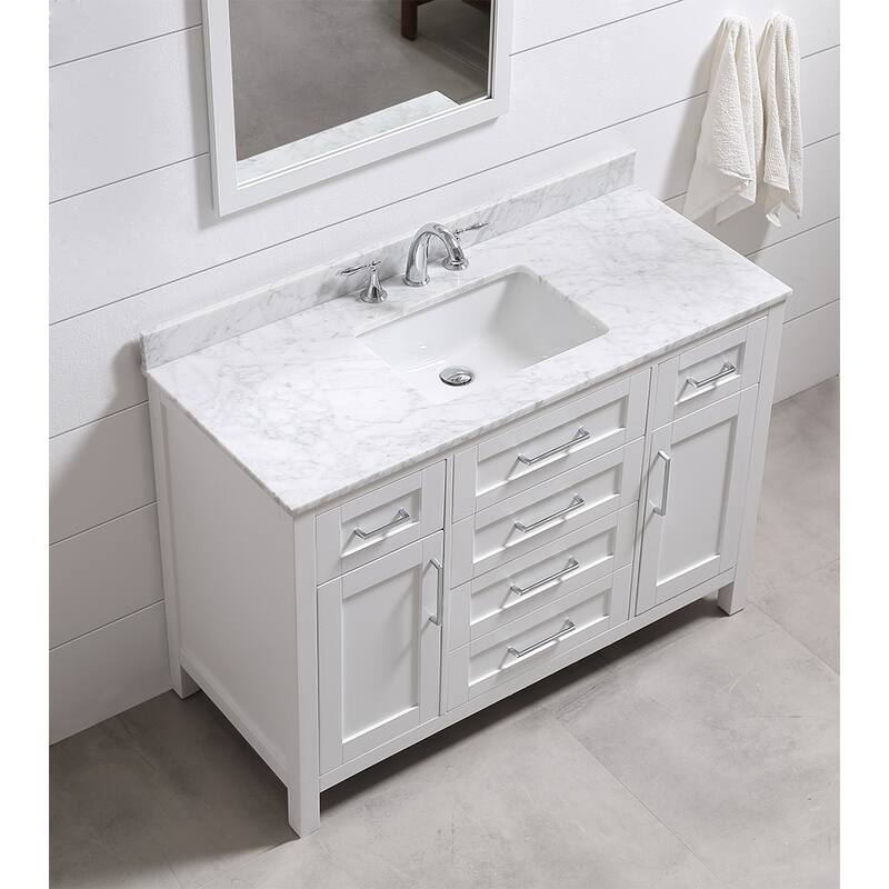 Tahoe 48in Vanity in White with White Carrera Marble Top and Mirror