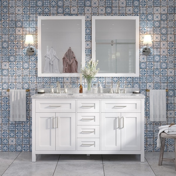 Tahoe 60 in Vanity in White with White Carrera Marble Top and Mirror