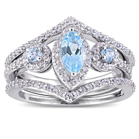 Miadora Sterling Silver Marquise-Cut Sky-Blue Topaz and White Topaz Three-Piece Ring Set - Blue