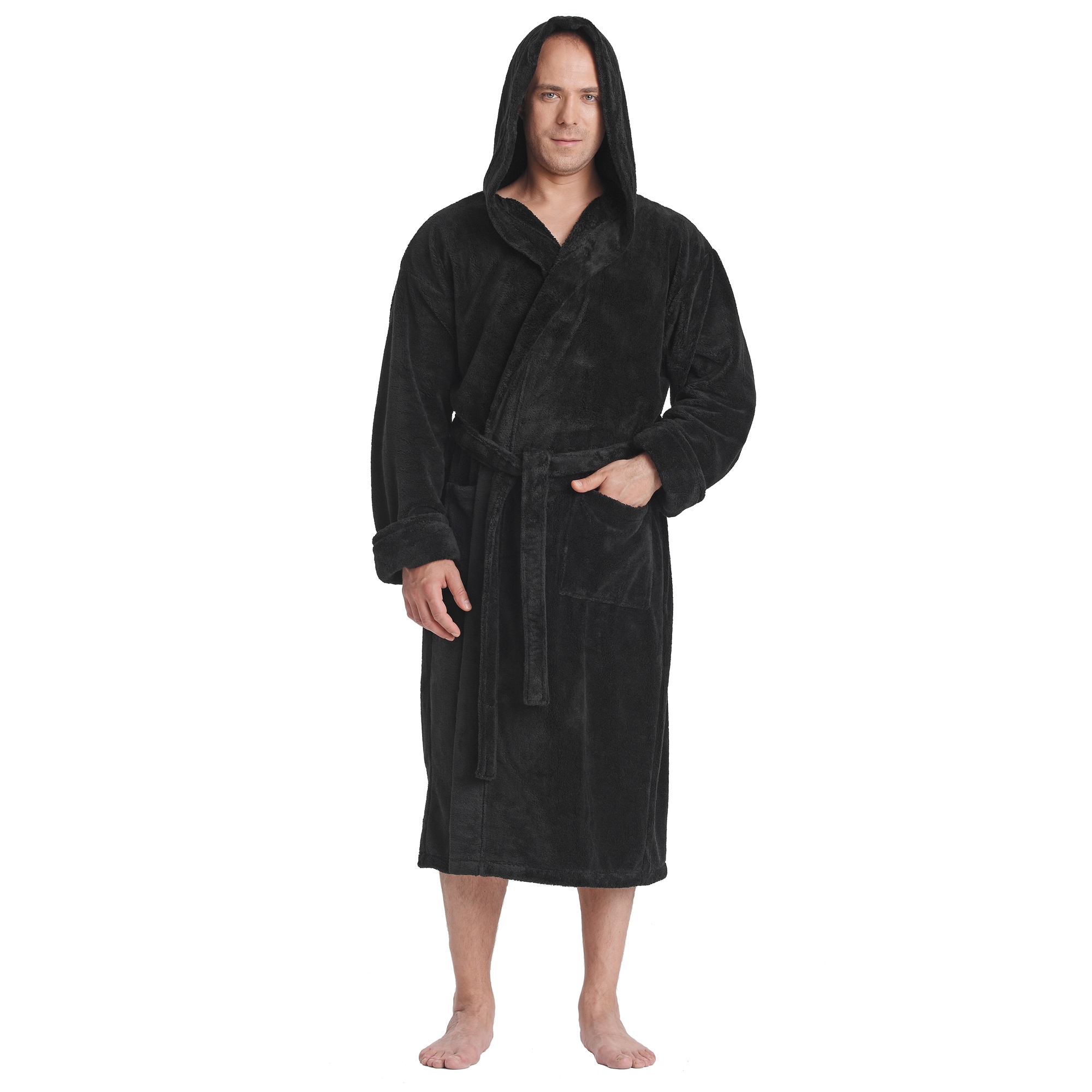 Wanted Mens Bathrobe Hooded Robe Plush Micro Fleece with Front Pockets