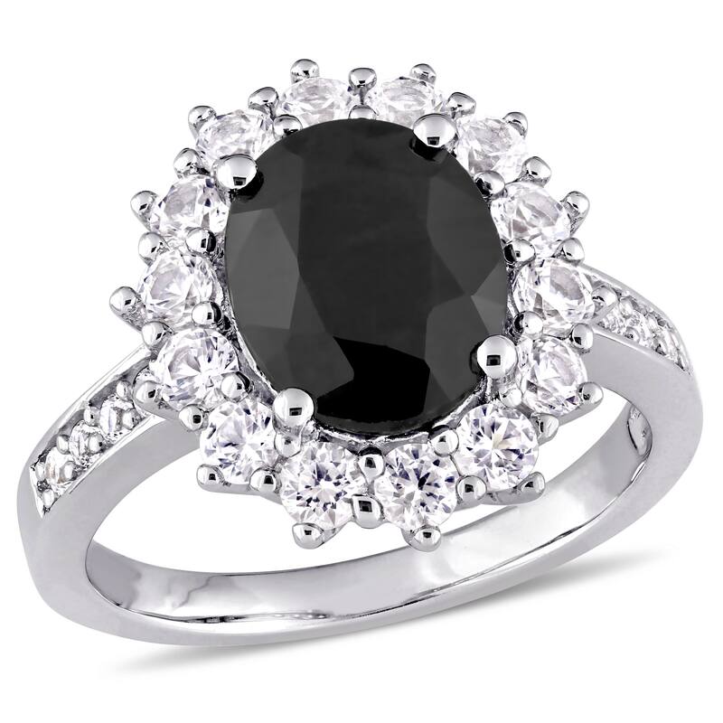 Miadora Sterling Silver Oval-Cut Black Sapphire and Created White Sapphire Halo Ring - Blue